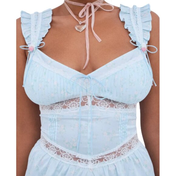 For Love & Lemons Ellery Baby Blue Floral Satin Slip Dress S Romantic Mini - Picture 9 of 10